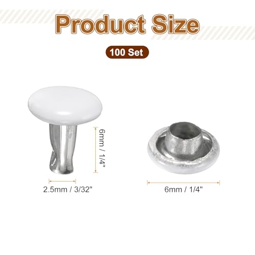 HARFINGTON 100 Sets Double Cap Leather Rivets, 6x6mm Round Cap Tubular Metal Studs Leather Crafting Rivets for Fabric Belt Pet Collar Boot Bag Repair and Decoration, White - color: White, size: 6x6mm