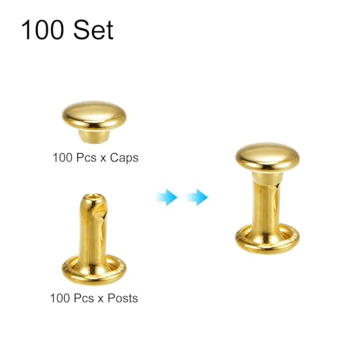 HARFINGTON 100 Sets Double Cap Leather Rivets, 6x8mm Round Cap Tubular Metal Studs Leather Crafting Rivets for Fabric Belt Pet Collar Boot Bag Repair and Decoration, Gold - color: Gold, size: 6x8mm