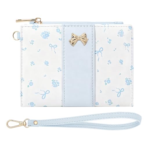 Floral Bow Small Zipper Wallet for Women Girls (BIFOLD-BLUE) | Bifold Wallet, Zipper Coin Pocket, ID Window, 5 Card Slots, Removable Wrist Strap - color: BIFOLD-BLUE