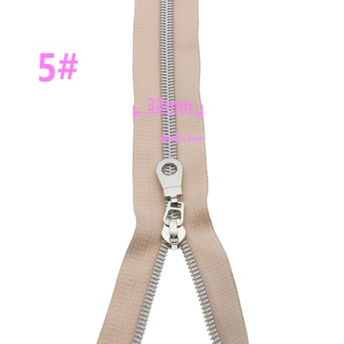 #5 Silver Zipper Bulk 5 Yards Beige Zipper Tape 10pcs Silver Pulls Slider - color: Beige-silver