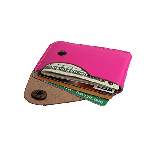 Handmade Genuine Leather Simple Card Holder with Snap Button - Ultra - Thin and Stylishcard case (Rose red) - color: Rose red