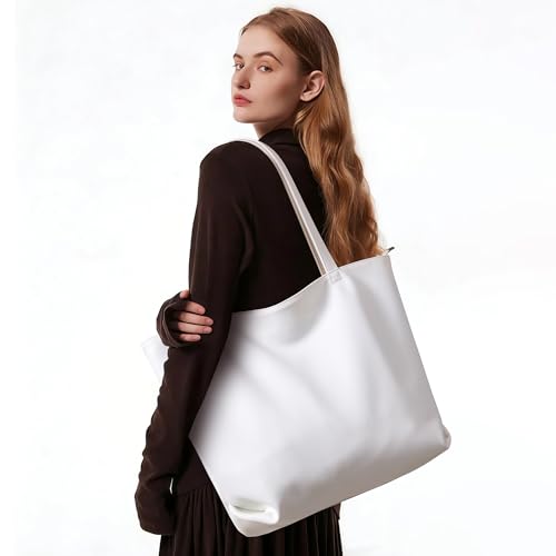 WLLWOO Soft Vegan Leather Tote Bag for Women Large Hobo Zipper Purse | Casual Shoulder Handbags Carryall for Work Daily Weekender Travel Commute - color: White