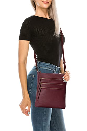 Solene Crossbody Bag Functional Multi Pocket Messenger Purse Top Zip Closure Shoulder Handbag With Adjustable Strap - color: Burgundy