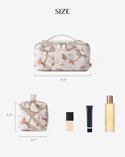 EACHY Makeup Bag, Waterproof PU Leather Travel Toiletry Bag for Women, 180° Wide-Open Flat Cosmetic Bag, Large Capacity Makeup Pouch with Divider and Handle - color: CJ-Yellow Large Floral, size: Medium