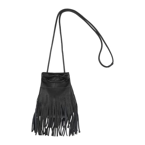 Women Mini Tassel PU Leather Crossbody Shoulder Bag Drawstring Bucket Bag | Small Fringe Cross body Bag Cell Phone Coin Purse Wallet - color: Black