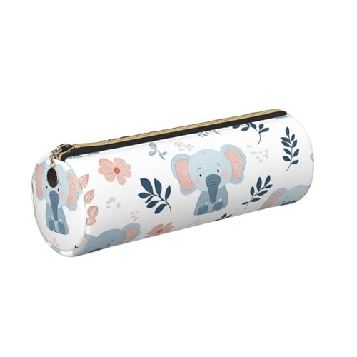 OSAM SPACE Leather Pencil Case Round Pencil Bag Cute Elephant Flowers Pen Organizer Holder Portable Zipper Pouch Cute School Supplies for Girls Boys Study Office - color: Cute Elephant Flowers