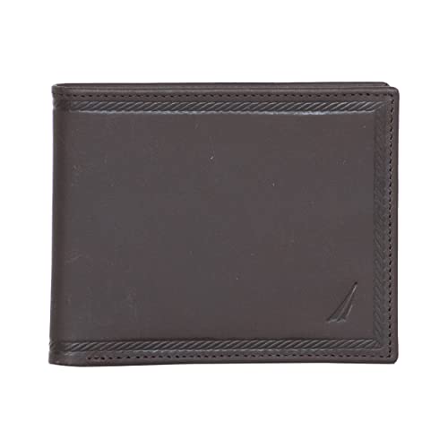 Nautica Men's Bifold Leather Wallet | RFID Blocking | ID Window | Card Slots | Organization | Durable | Stylish - color: Embossed Leather - Brown