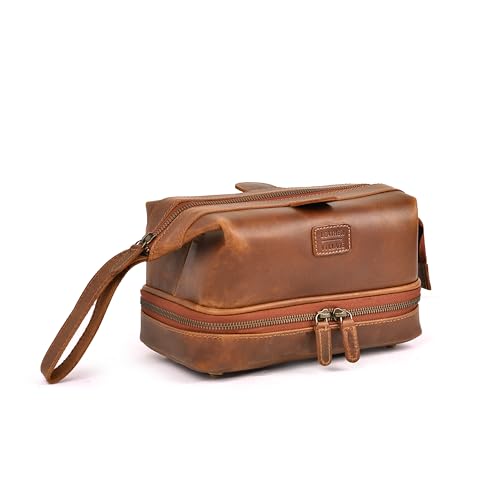 LEATHER VILLAGE Leather Toiletry Bag for Men, Travel Dopp Kit Shaving Bag | Full grain buffalo leather, two zip compartments, 9.6x5.5x5.1 in, YKK zippers, water-resistant lining, shaving kit- Tan - color: Sun Tan