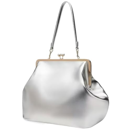Kiss Lock Frame Handbag, PU Leather Shoulder Tote Bag Messenger Hobo Clutch Purse for Women Formal Work Leisure - color: Bright Silver