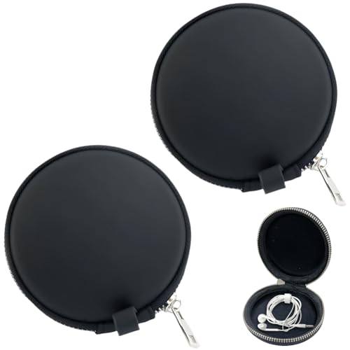 2PCS Round PU Leather Hard Shell Earbud Case Portable Headphone Ear Buds Bag Mini Earphone Holder Wireless Headset Carrying Pouch Cell Phone Organizer for Smartphone Earpieces