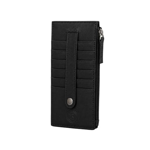 Leatherboss Genuine Leather Women's All in One Credit Business Card Case Holder Slim Zipper Wallet With a Card Protection Strap, Black - color: Black