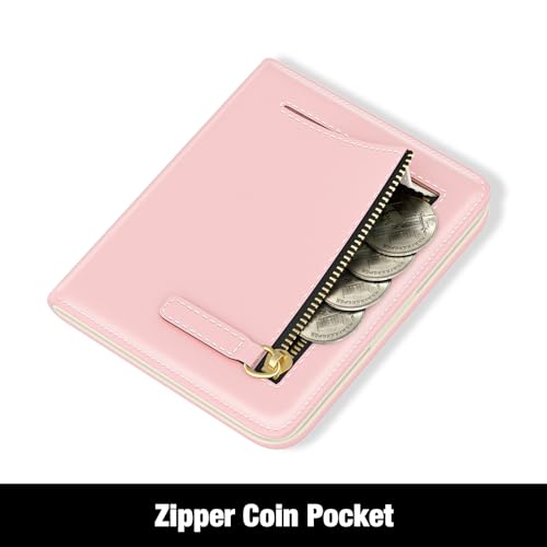 Rouidr Womens Wallet, RFID Small Slim Wallet for Women, Cute Bifold Leather Pocket Credit Card Holder Ladies Mini Purse with Zipper Coin Pocket & ID Window, Pink - color: A-Pink