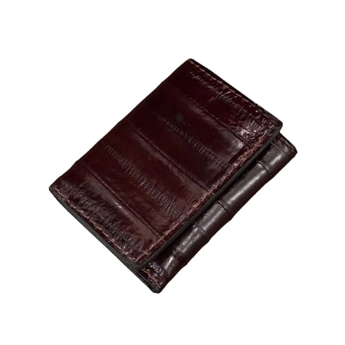 Genuine Pacific Eel Skin Trifold Brown Leather Wallet for Men, Nine Card Slots, Black Leather Interior