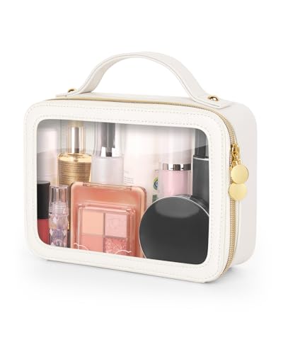 Soimeat Clear Makeup Bag, Portable Travel Cosmetic Bags, Multipurpose Leather Toiletry Bag with Zipper, Waterproof Transparent Cosmetic Organizer for Women, Medium, Beige - color: Beige, size: Medium