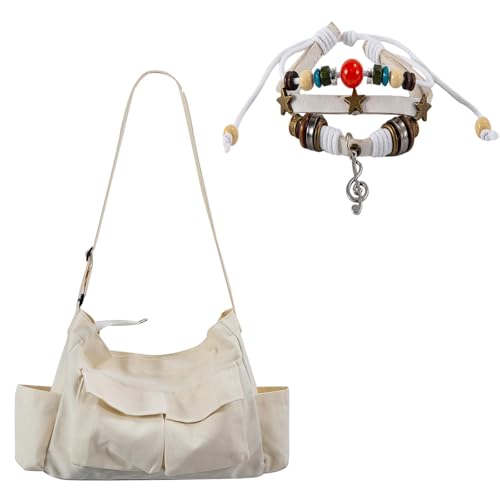 Canvas Messenger Bag for Women, Grunge Bag with Fairy Grunge Bracelet, Crossbody Bag with Bracelets Fairy Grunge Clothes - color: White