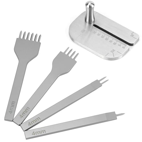 QWORK Leather Stitching Punch Set, 1/2/4/6 Prong Leather Fork Punch and Slot Aid Plate