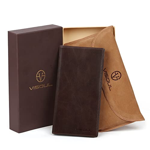 VISOUL Leather Checkbook Cover Wallet for Men with RFID Blocking, Mens Long Bifold Cash Tall Wallet with 11 Credit Card Slots 1 ID Window (Coffee) - color: Coffee