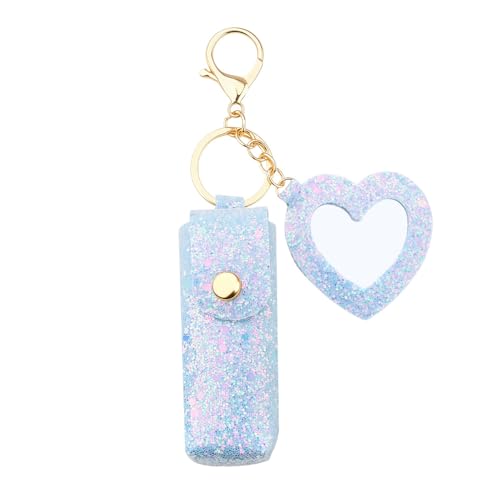 Sisadodo Glitter Lip Oil Holder Key Chains for Woman Lipstick Case with Mirror Lip Balm Keychain for Lipstick Case Keychain - color: Blue-heart
