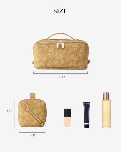 EACHY Makeup Bag, Waterproof PU Leather Travel Toiletry Bag for Women, 180° Wide-Open Flat Cosmetic Bag, Large Capacity Makeup Pouch with Divider and Handle - color: CF-Yellow Print, size: Medium