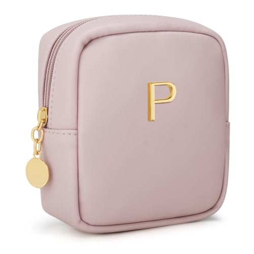 Initial Mini Makeup Bag Cosmetic Bag for Women | Personalized Gift, Toiletry Bags, 2 Mesh Pockets, Soft PU Leather, Water Proof Design, Smooth Zipper & Sturdy Build - size: 1pc Pink, style: P