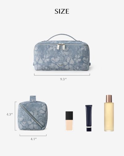 EACHY Makeup Bag, Waterproof PU Leather Travel Toiletry Bag for Women, 180° Wide-Open Flat Cosmetic Bag, Large Capacity Makeup Pouch with Divider and Handle - color: CD-Denim Blue Print, size: Medium