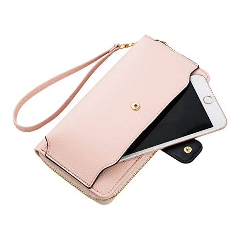 Women Wristlet Wallet with Cell Phone Holder Zip Around Handbag … - color: Pink
