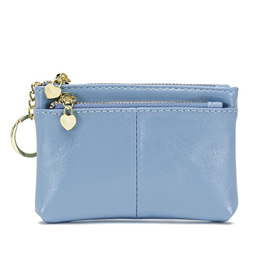 Women PU Leather Zip Mini Coin Purse With Key Ring Triple Zipper Card Holder Wallet (Blue) - color: Blue