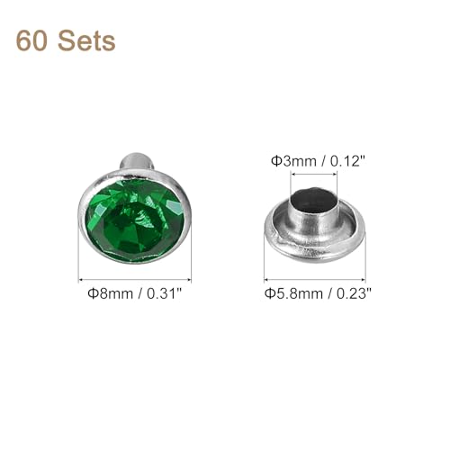 uxcell 60 Sets Rhinestone Rivets, 8mm Leather Rivets Crystal Rivets Stud Rapid Double Cap Rivets for DIY Leather Craft Fabric Clothes Belt Bags, Green - color: Green, size: 8mm