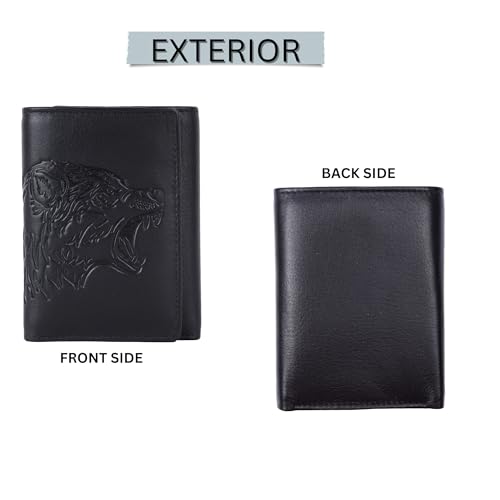 Wild Wolf Black Trifold Wallet for Men – Full-Grain Nappa Leather, RFID Blocking, Unique Embossed Design, Gift for Husband, Dad, or Boyfriend - style: Wild Wolf