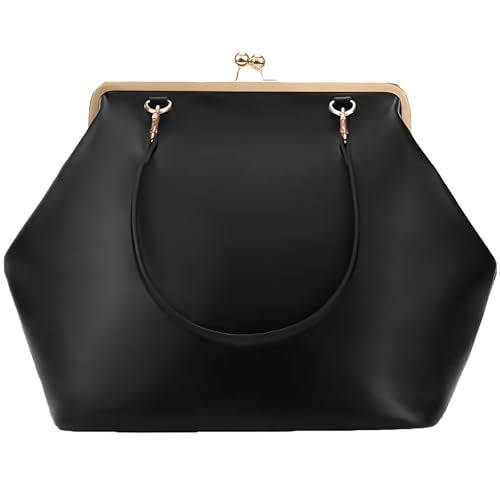 Kiss Lock Frame Handbag, PU Leather Shoulder Tote Bag Messenger Hobo Clutch Purse for Women Formal Work Leisure - color: Pure Black