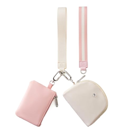Mini Dual Pouch Wristlet Wallet for Women – Zip Around wristlet Keychain Wallet with 2 Wristlets, Ideal for Dog Walking, Coffee Runs & Lunch Break Essentials (Beige+Pink) - color: Beige+Pink
