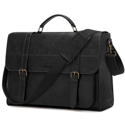 RAINSMORE Messenger Bag for Men 17 Inch Vintage PU Laptop Briefcase, Black | Large Capacity Work Bag with Magnetic Flap, Water-Resistant PU Leather, 3-Way Carry for Office, Business Travel & College - color: Black
