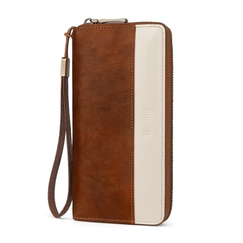 Leather Wallet for Women RFID Blocking Wristlet (darkbrownwhite) | Large capacity design With 12 credit card slots,zip coin pocket,cash pocket,Detachable Wristlet,daily shopping travel wallet - color: a7-darkbrown white