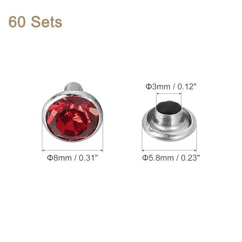uxcell 60 Sets Rhinestone Rivets, 8mm Leather Rivets Crystal Rivets Stud Rapid Double Cap Rivets for DIY Leather Craft Fabric Clothes Belt Bags, Red - color: Red, size: 8mm