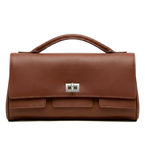 Genuine Leather Shoulder Bag for Women Top Handle Handbag Crossbody Purse | Silver-Tone Turn-Lock Closure, Adjustable Shoulder Strap, Smooth Zipper and Organized Interior with Convenient Card Slots - color: Brown