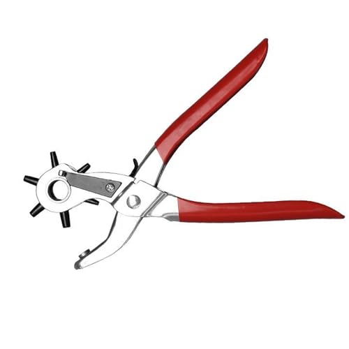 Leather Hole Punch Tool, 6 Sizes Rotary Punch Plier, Heavy Duty Belt Hole Puncher with Adjustable Wheel for Leather Straps Dog Collars Shoes, Red
