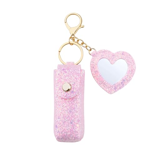 Sisadodo Lip Oil Lipstick Case with Mirror Lip Oil Lipstick Holder Key Chain for Car Keys Keychains Lipstick Organizer Case - color: Glitter Pink