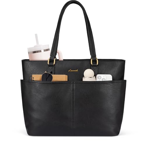 LOVEVOOK Work Tote Bag for Women, Vintage Leather 17.3 Inch Laptop Bags with Large Cup Holder, Teacher Nurse Medical Professional Computer Bag, Office Briefcase Handbag Gift - color: Black, size: 17.3 Inch