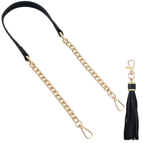 PU Leather Purse Chain Strap with Tassel Pendant 24 Inch Microfiber Leather Bag Chain Replacement Flat Handbag Handle for Women Shoulder Crossbody Bag Handbag DIY Crafts(Black Gold) - color: Black;gold