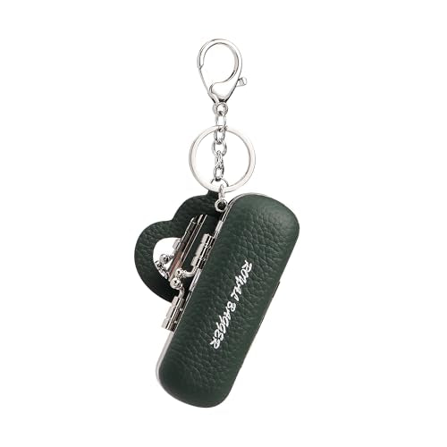 Royal Bagger Mini Lipstick Bag for Women, Genuine Cow Leather Kiss Lock Pouch, Key Holder with Keychain, Heart Mirror 3286 - color: Dark Green