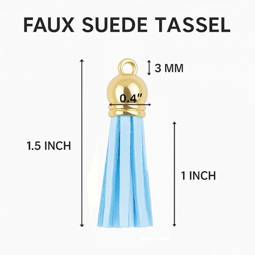 Mandala Crafts Gold Cap Light Blue Faux Suede Leather Tassels, 100 PCs - color: Gold Cap Light Blue Suede