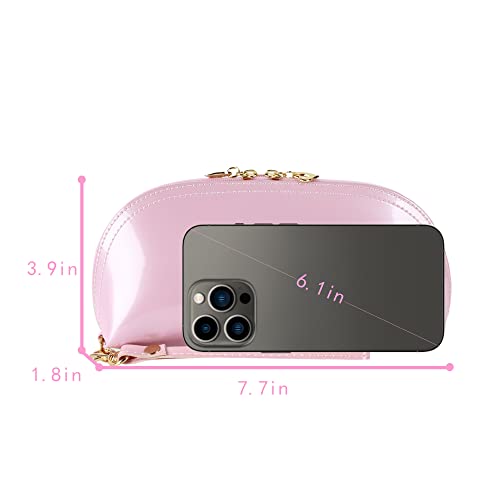 ZLMBAGUS Fashion Cosmetic Bag Patent Leather Makeup Pouch Wristlet Zipper Makeup Case Holder Coin Purse Clutch Pink - color: Pink