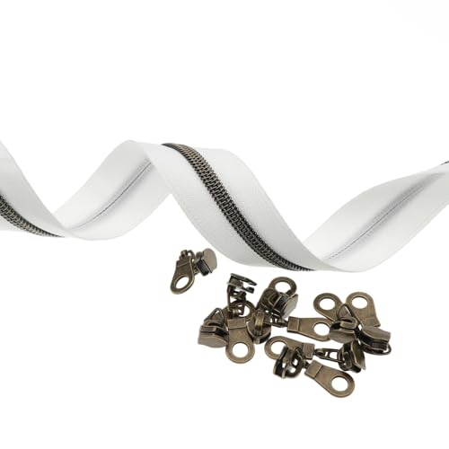 #5 Antique Brass Coil Zipper 5 Yards White Tape 10pcs Antique Brass Slider - color: White-brass