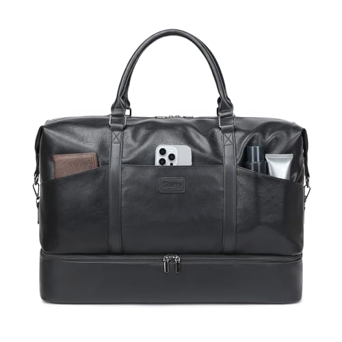 Faux Leather Weekender Bags for Women: Large Overnight Bags Travel Duffel Bag Carry On Shoulder Weekend Tote with Shoe & Laptop Compartment & Toiletry Bags for Airplane Traveling Gym - color: PU-Black