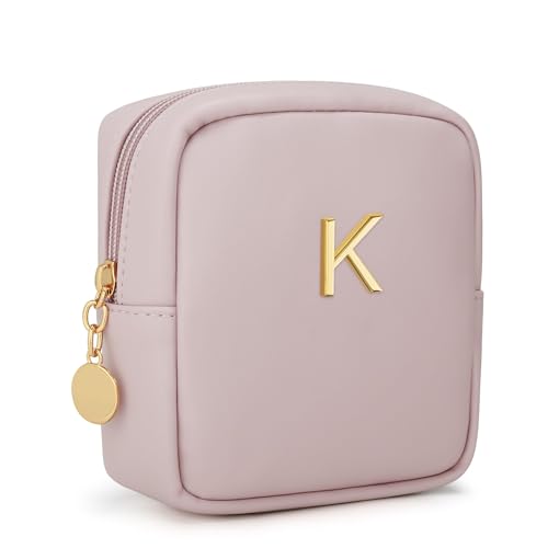 Initial Mini Makeup Bag Cosmetic Bag for Women | Personalized Gift, Toiletry Bags, 2 Mesh Pockets, Soft PU Leather, Water Proof Design, Smooth Zipper & Sturdy Build - size: 1pc Pink, style: K