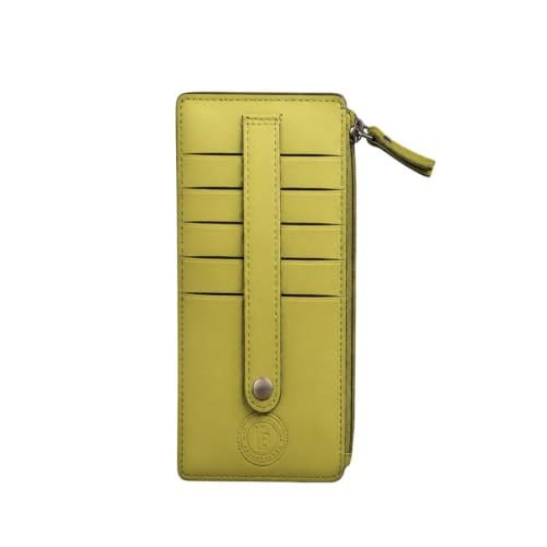 Leatherboss Genuine Leather Women's All in One Credit Business Card Case Holder Slim Zipper Wallet With a Card Protection Strap, Lemon - color: Lemon
