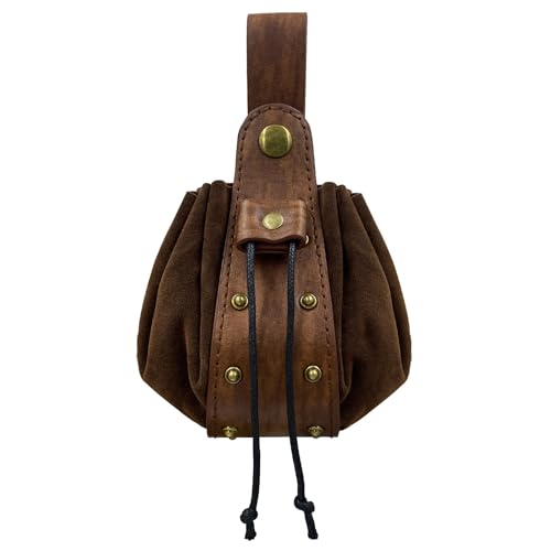 Medieval Faux Leather Drawstring Pouch Vintage Rivets Belt Pouch Coin Purse Dice Bag For LARP Ren Faire (Brown A) - color: Brown A