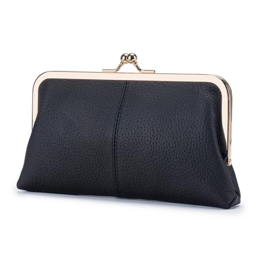 Leather Wallet for Women with Kiss Lock Closure, Multiple Card Slots, Smartphone Holder, 8.07 x 4.72 Inches (Black) - color: Black