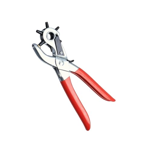 1 Pc Heavy Duty Faux Leather Belt Hole Punch Pliers Rotary Steel Hand Tool with Red Rubberized Grip for Sewing Crafting Projects