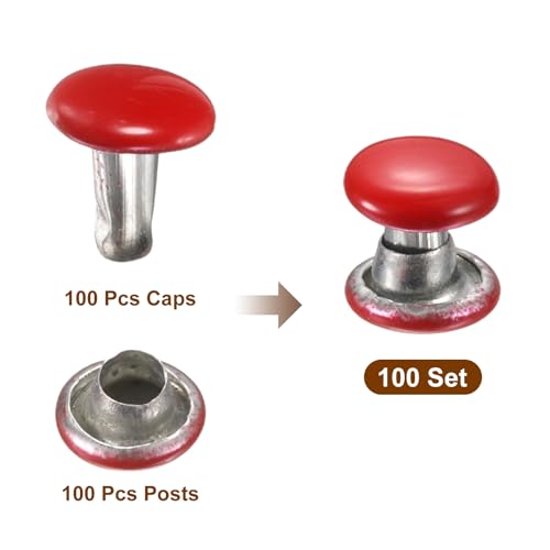 HARFINGTON 100 Sets Double Cap Leather Rivets, 6x6mm Round Cap Tubular Metal Studs Leather Crafting Rivets for Fabric Belt Pet Collar Boot Bag Repair and Decoration, Red - color: Red, size: 6x6mm
